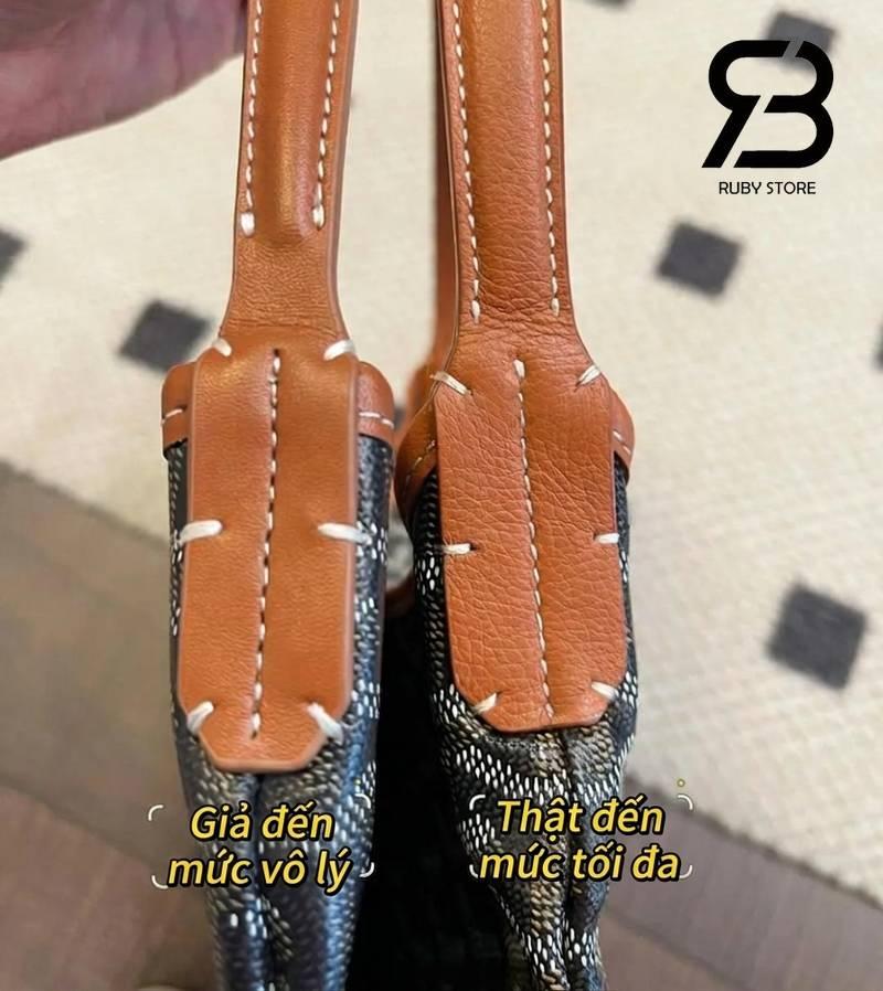 Ảnh so sánh chi tiết cách nhận biết túi Goyard real và fake chi tiết qua đường may và chất liệu da.