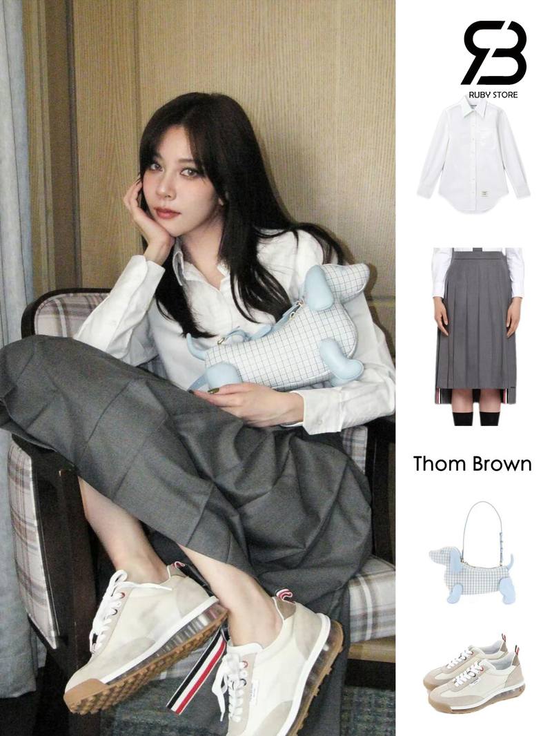 Áo thom browne màu trắng phối với các phụ kiện cho nữ