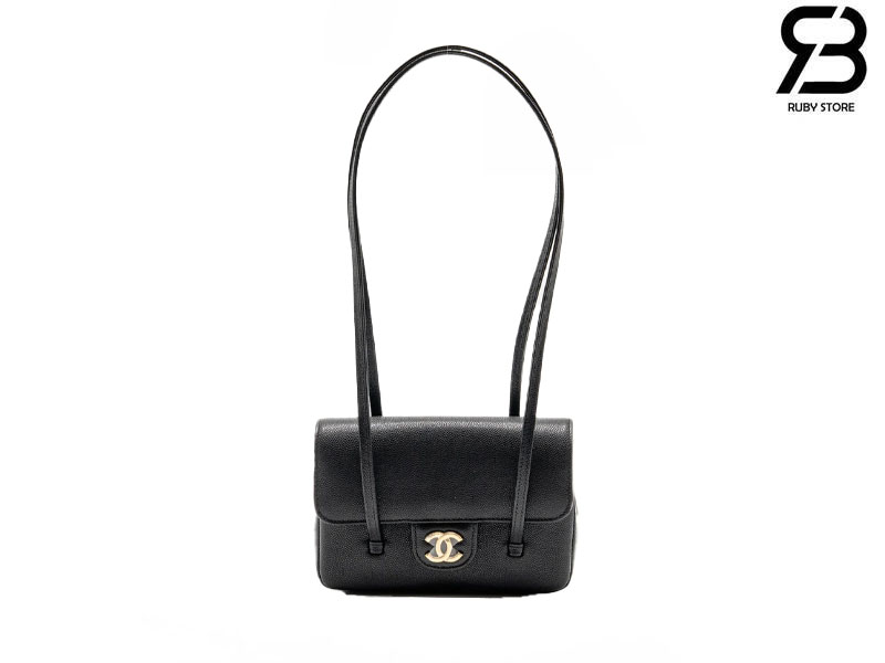 Túi Channel 26P Preppy Coco Clutch Shoulder Bag 17CM Black Caviar GHW Đen