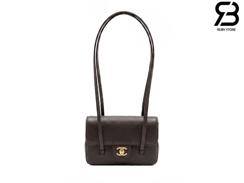 Túi Channel 26P Preppy Coco Clutch Shoulder Bag 17CM Chocolate Caviar GHW Nâu
