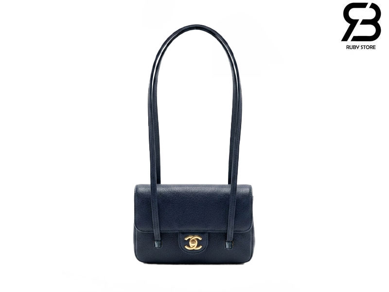 Túi Channel 26P Preppy Coco Clutch Shoulder Bag 17CM Navy Caviar GHW Xanh Đậm