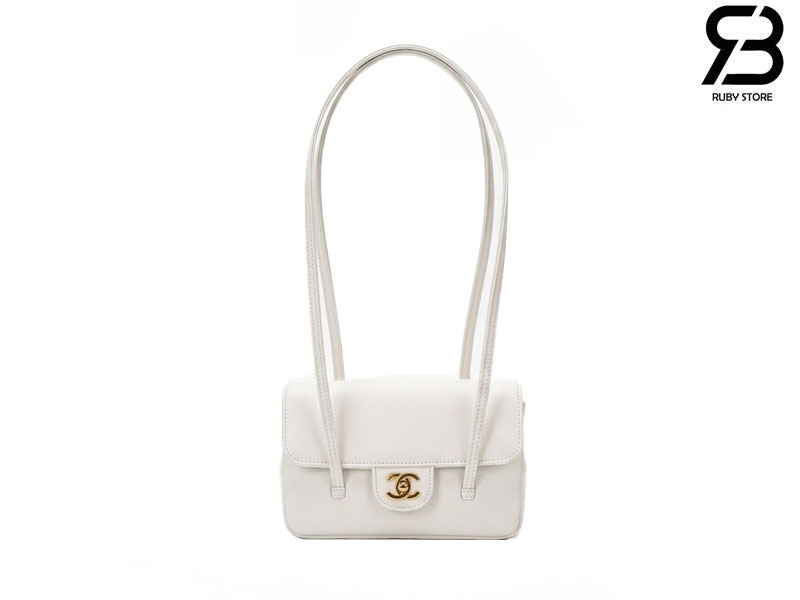 Túi Channel 26P Preppy Coco Clutch Shoulder Bag 17CM White Caviar GHW Trắng Best Pháp