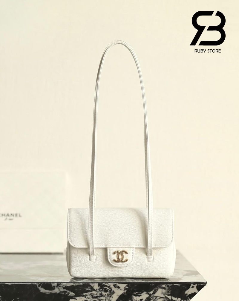 Túi Channel 26P Preppy Coco Clutch Shoulder Bag 17CM White Caviar GHW Trắng