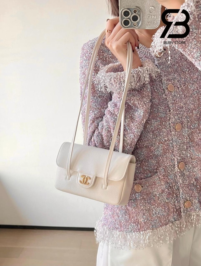 Túi Channel 26P Preppy Coco Clutch Shoulder Bag 17CM White Caviar GHW Trắng