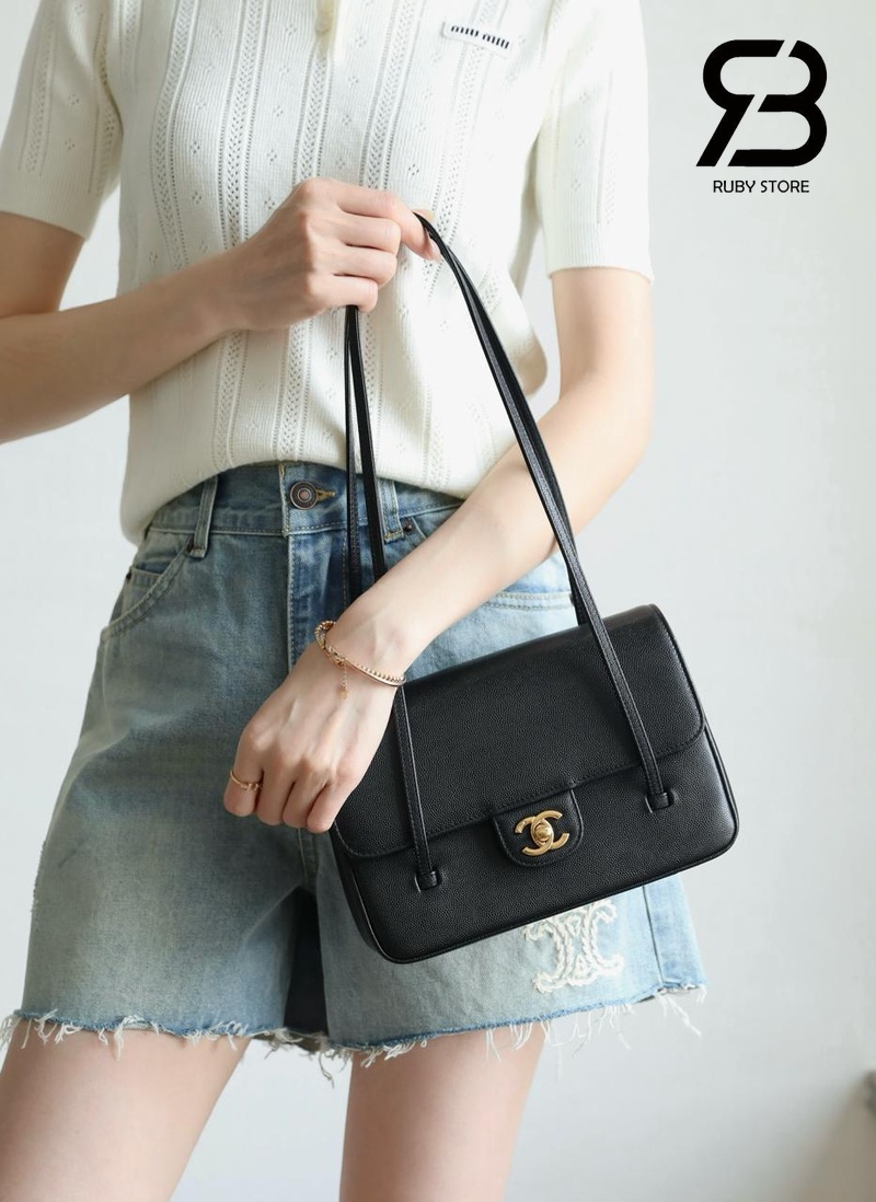 Túi Channel 26P Preppy Coco Small Flap 22CM Black Caviar GHW Đen