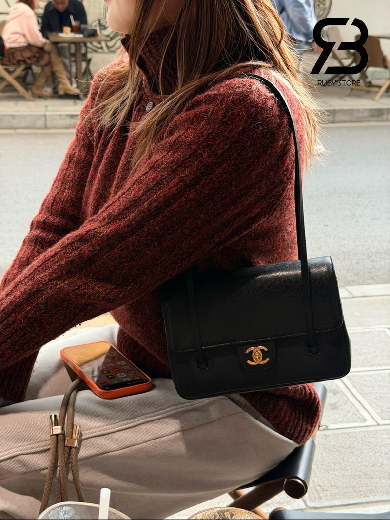 Túi Channel 26P Preppy Coco Small Flap 22CM Black Caviar GHW Đen