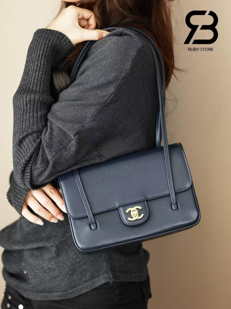 Túi Channel 26P Preppy Coco Small Flap 22CM Navy Caviar GHW Xanh Đậm