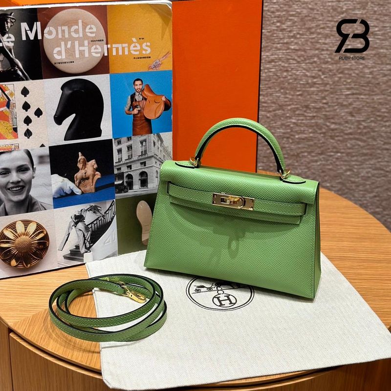 Túi Hermes Mini Kelly II 20 Vert Criquet Epsom GHW Best Pháp góc nghiêng chi tiết
