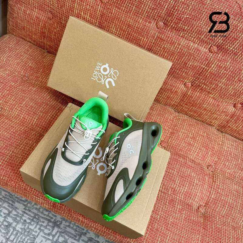 Giày Loewe x On The Roger Cloudsolo Green Sand Xanh Lá Best Quality góc nghiêng chi tiết