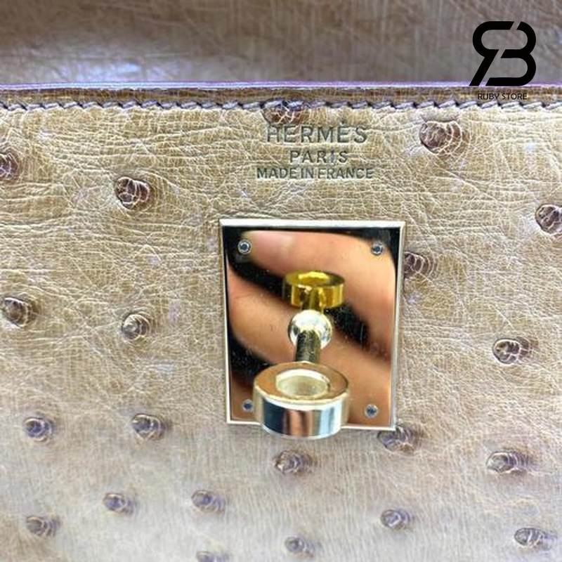 hermes da đà điểu màu kem khóa vàng