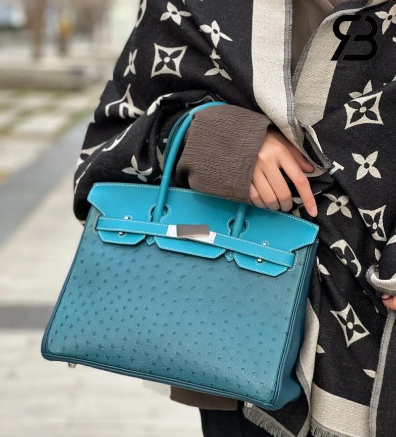 Nữ mang túi Hermes birkin da đà điểu màu xanh dương