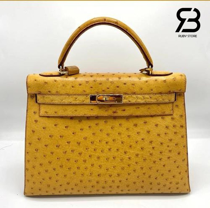 Túi Hermes Kelly da đà điểu màu vàng
