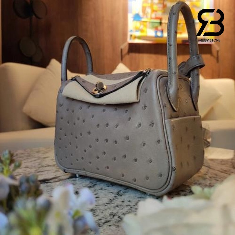 Túi Hermes Ostrich Mini Lindy 20 Gris Tourterelle màu xám