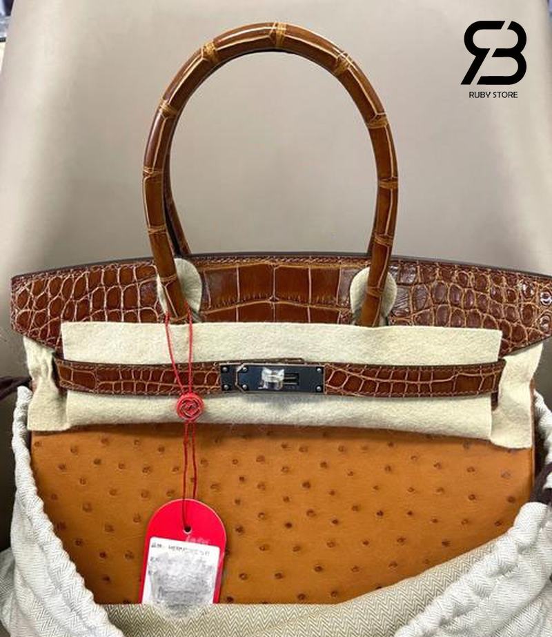 túi hermes birkin da đà điểu mix da cá sấu màu nâu