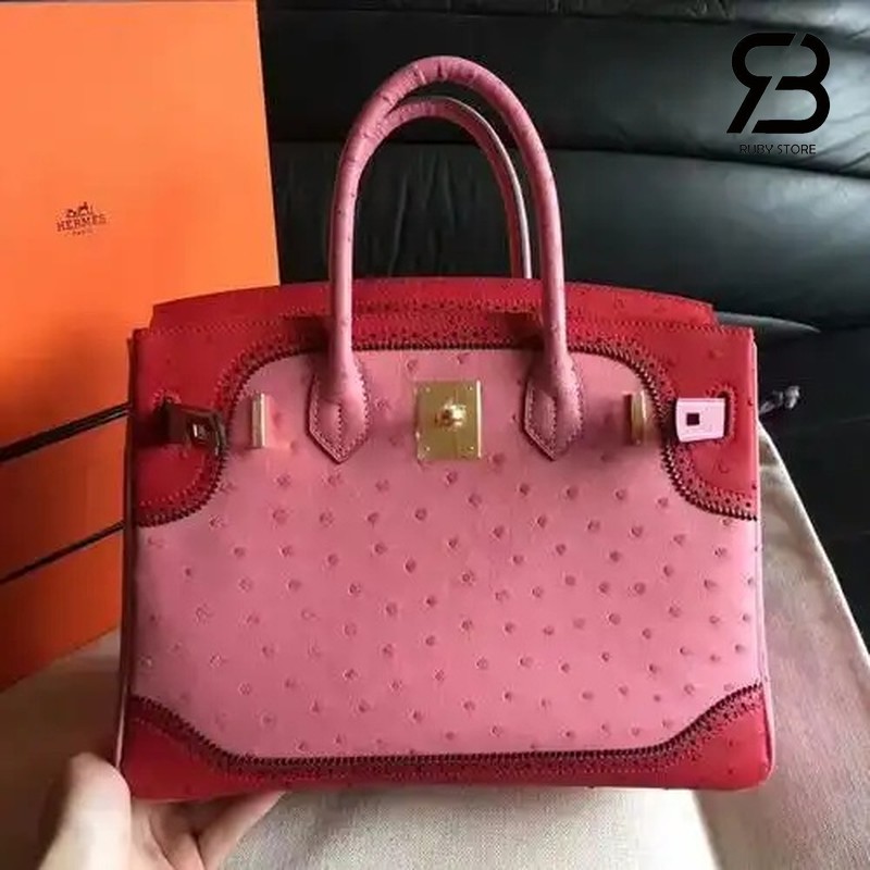 Hermes da đà điểu kết hợp da togo àmu hồng đỏ