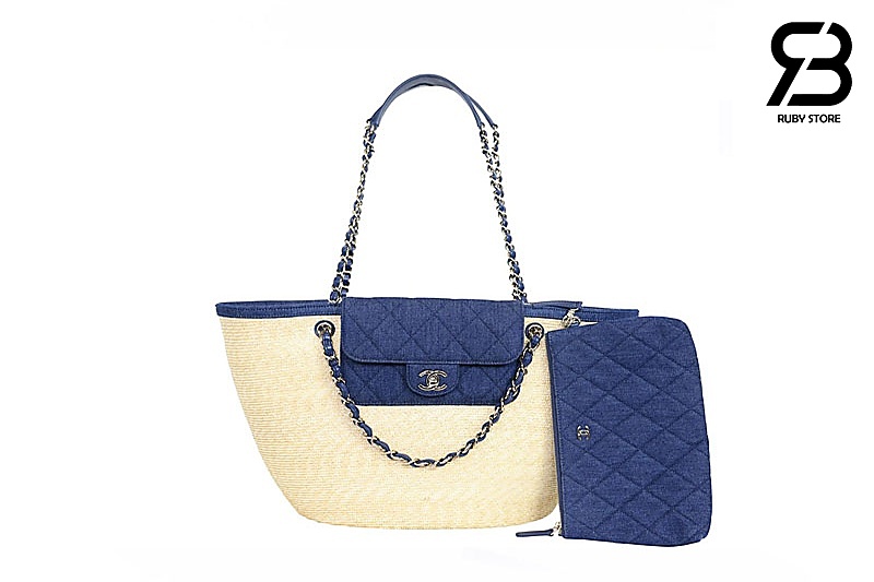 Túi Chanel Coco Beach Small Straw Raffia AS5951 Beige Blue Denim 41CM chính hãng