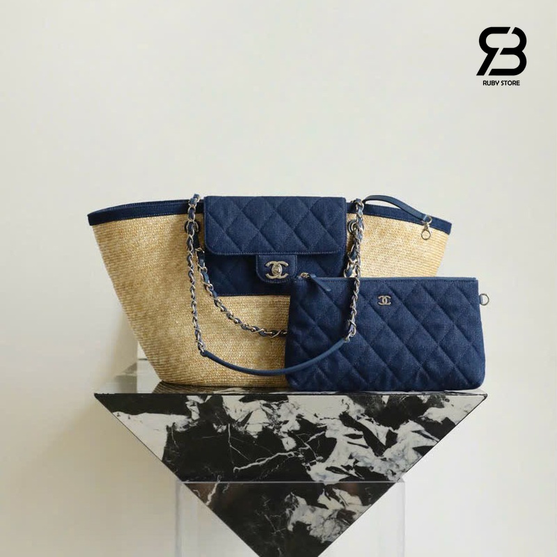 Túi Chanel Coco Beach Straw Raffia AS5952 Beige Blue Denim 54CM tinh tế