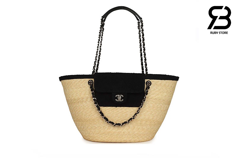 Túi Chanel Coco Beach Straw Raffia Beige Black 54CM Best Pháp sang trọng