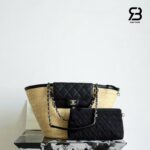 Túi Chanel Coco Beach Straw Raffia Beige Black 54CM chi tiết góc nghiêng