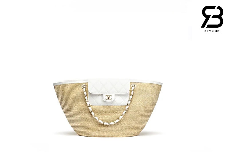 Túi Chanel Coco Beach Straw Raffia Beige White 54CM Best Pháp sang trọng