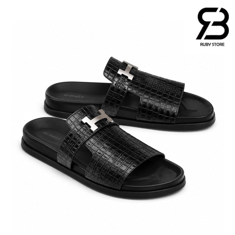 Dép Hermes Jaures Sandal Màu Đen Da Bò Vân Cá Sấu Chất Lượng Tốt Nhất