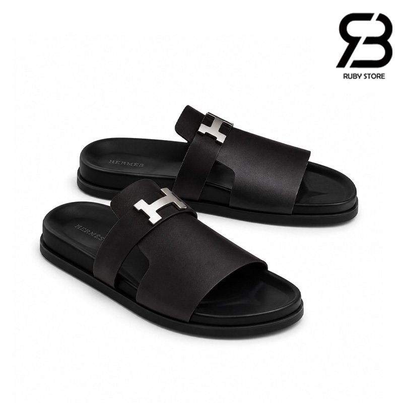 Dép Hermes Jaures Sandal Màu Đen Da Calfskin Best Quality
