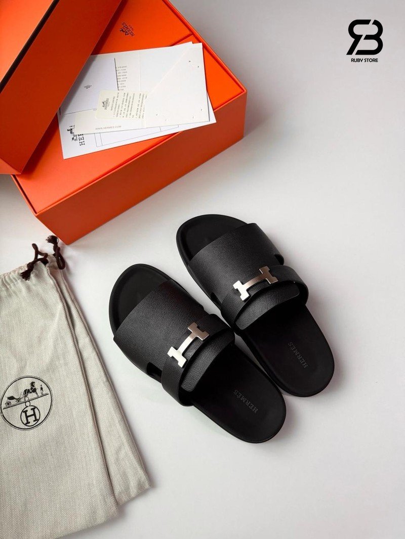 Dép Hermes Jaures Sandal màu đen da Epsom chất lượng cao