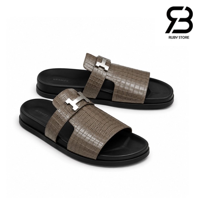 Dép Hermes Jaures Sandal màu nâu da bò vân cá sấu cao cấp