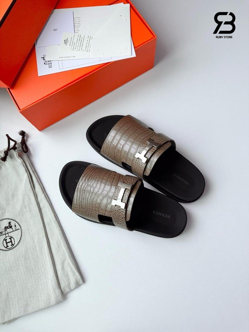 Dép Hermes Jaures Sandal Màu Nâu Da Bò Vân Cá Sấu chất lượng cao