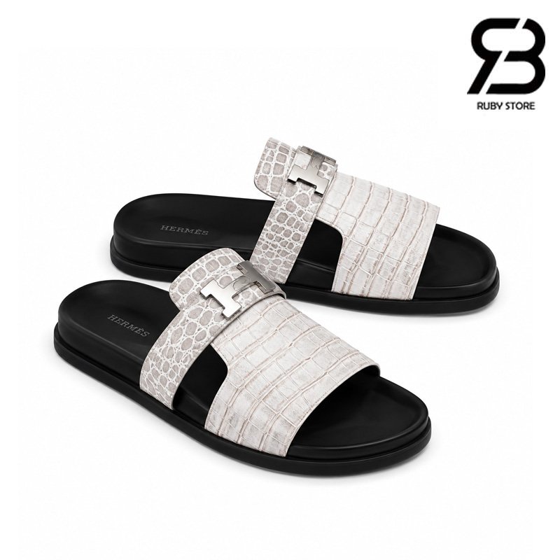 Dép Hermes Jaures Sandal Màu Trắng Da Bò Vân Cá Sấu Cao Cấp