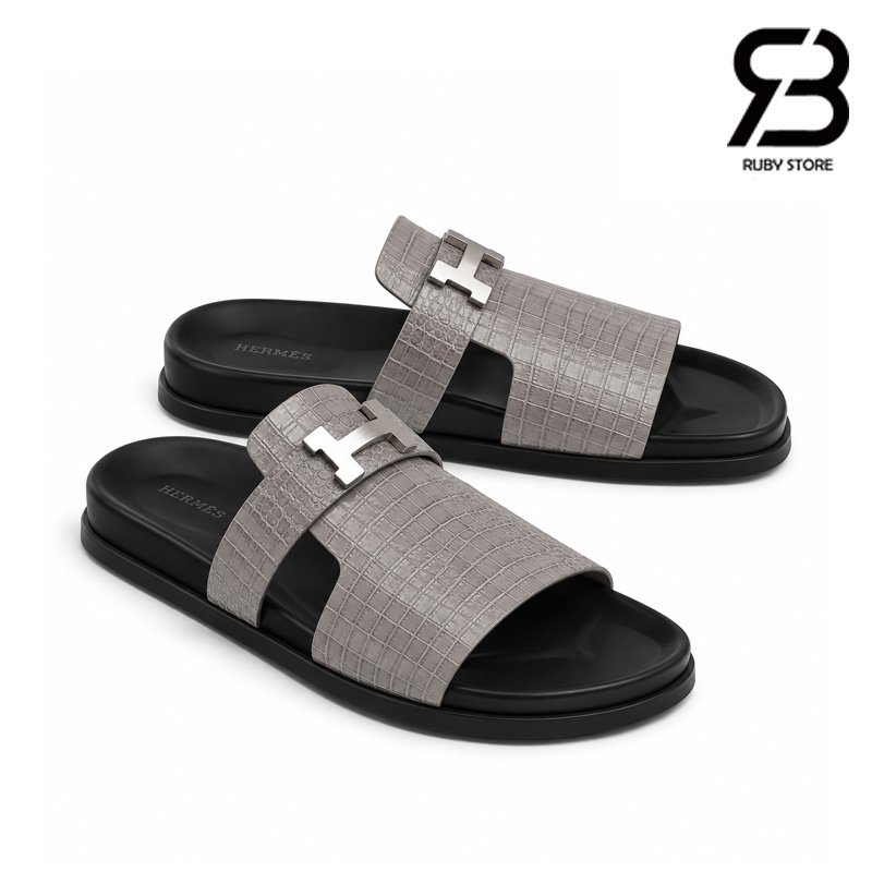 Dép Hermes Jaures Sandal Màu Xám Da Bò Vân Cá Sấu Best Quality