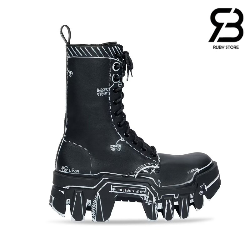 Giày Balenciaga Bulldozer Laceup Boot Black Outline Calfskin chất lượng tốt
