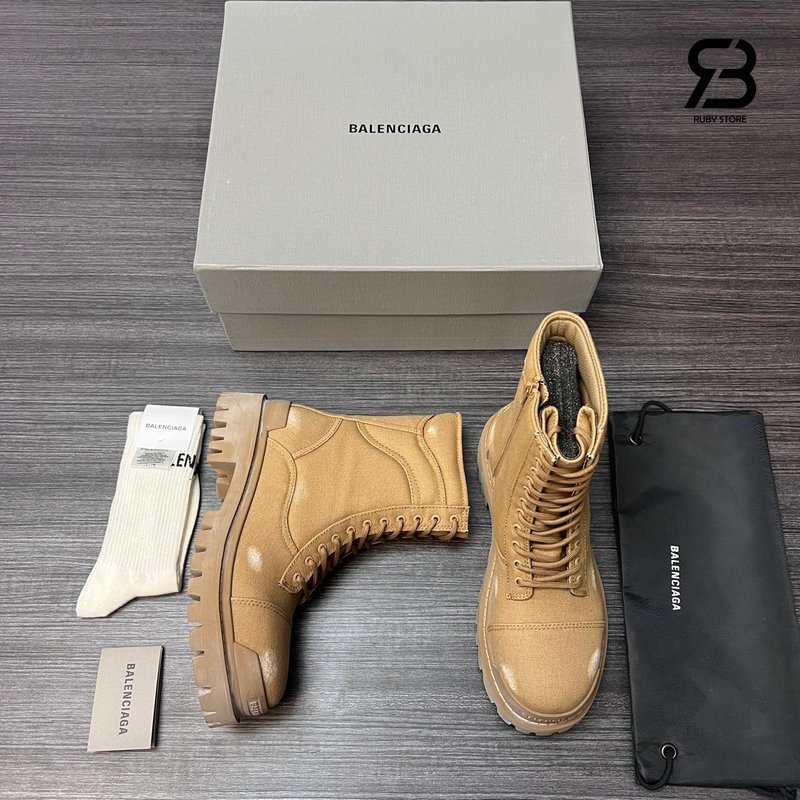 Giày Balenciaga Combat Strike Boot Brown Cotton Canvas cao cấp góc nghiêng chi tiết