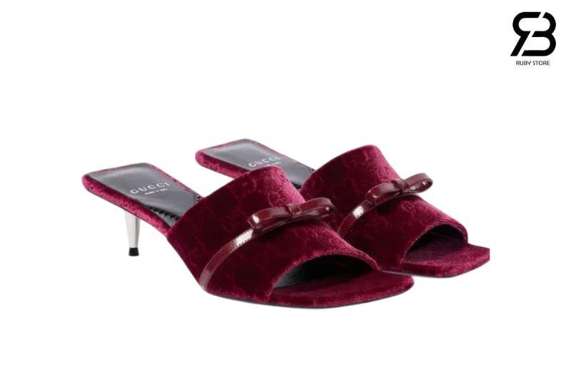 Giày Cao Gót Nhung Gucci Jacquard Burgundy Velvet Bow Mules Màu Đỏ sang trọng