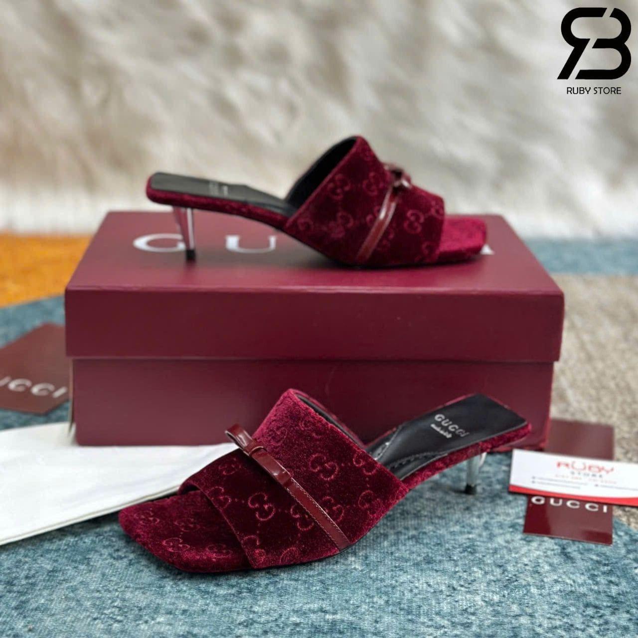 Giày Cao Gót Nhung Gucci Jacquard Burgundy Velvet Bow Mules Màu Đỏ sang trọng