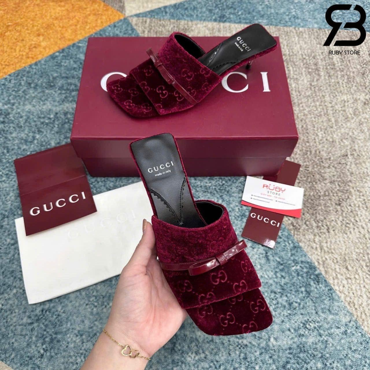 Giày cao gót nhung Gucci Jacquard burgundy velvet bow mules màu đỏ đẹp
