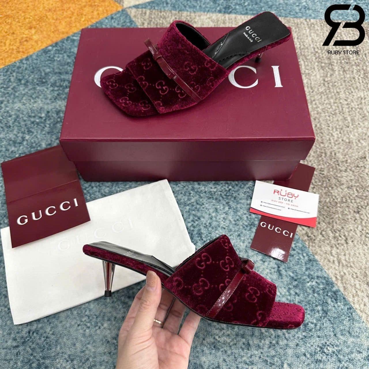 Giày Cao Gót Nhung Gucci Jacquard Burgundy Velvet Bow Mules màu đỏ sang trọng