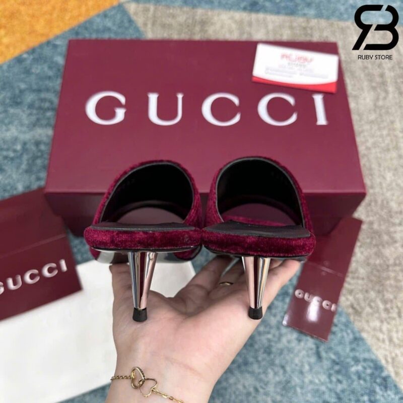 Giày Cao Gót Nhung Gucci Jacquard Burgundy Velvet Bow Mules Màu Đỏ sang trọng