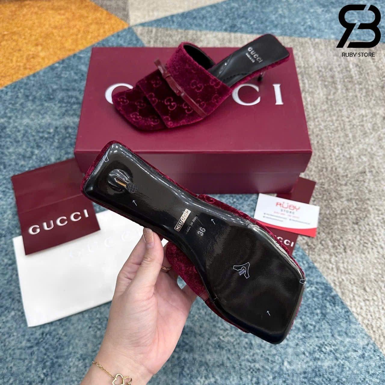 Giày Cao Gót Nhung Gucci Jacquard Burgundy Velvet Bow Mules Màu Đỏ