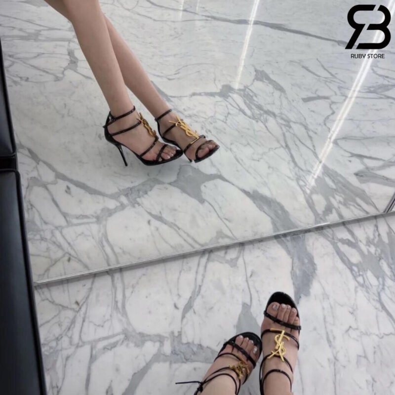 Giày Cao Gót YSL Cassandra Logo Plaque Sandals Đen với Logo Vàng Ánh