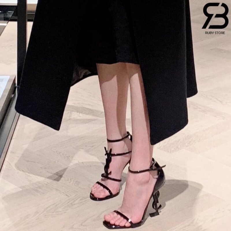 Giày Cao Gót YSL Cassandra Open Toe Sandals Đen Bóng sang trọng