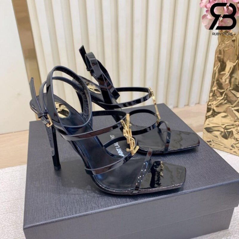 Giày Cao Gót YSL Cassandra Sandals In Patent Leather Đen Logo Vàng Best Quality góc nghiêng chi tiết
