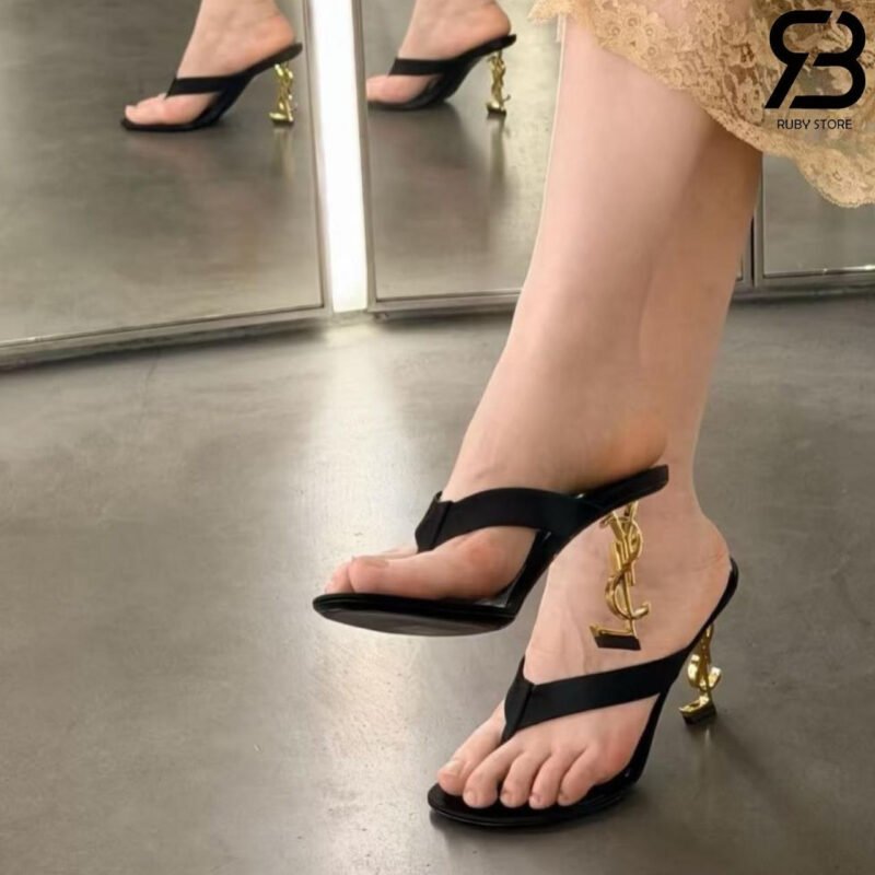 Giày Cao Gót YSL Opyum Mules In Satin Crepe Black Màu Đen với chi tiết logo sang trọng