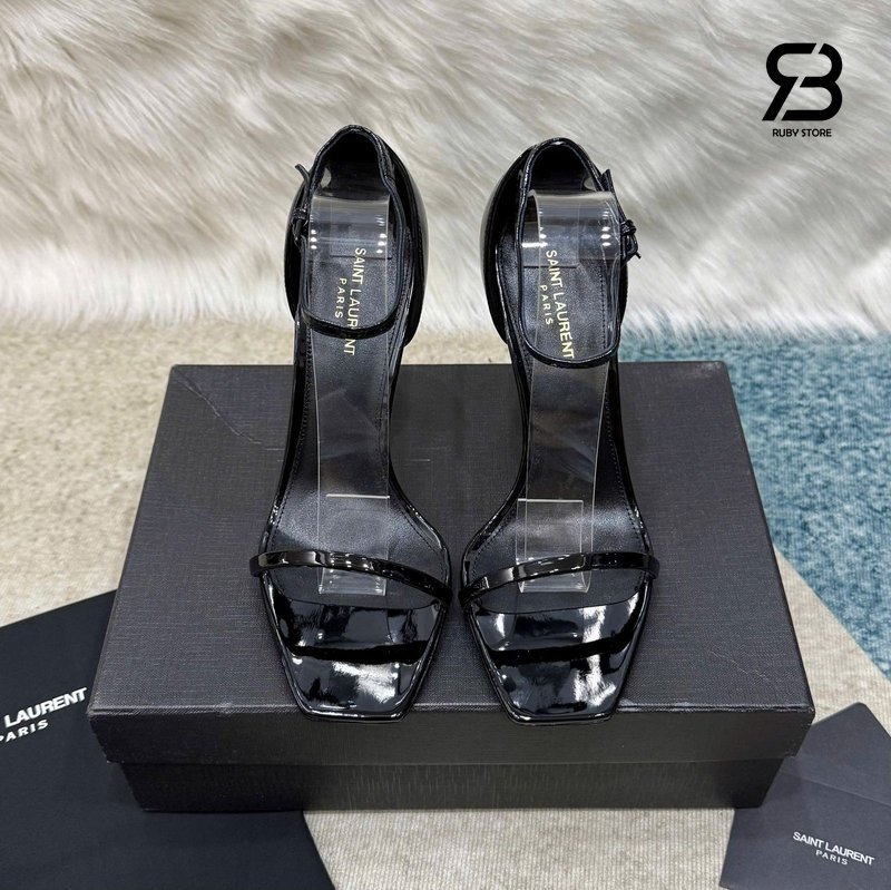Giày Cao Gót YSL Opyum Sandals Black Patent Leather GHW với chi tiết logo sang trọng.