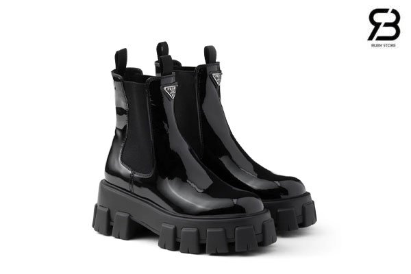 Giày Chelsea Boots Prada Monolith Brushed Black Leather Màu Đen Bóng Best Quality