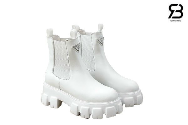 Giày Chelsea Boots Prada Monolith Brushed White Leather Màu Trắng Best Quality