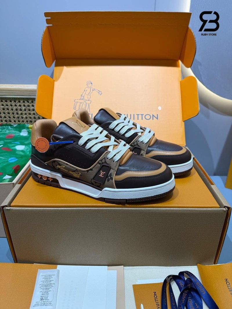 Giày LV Trainer Sneaker Brown Monogram Jacquard Fabric với da bê mịn cao cấp