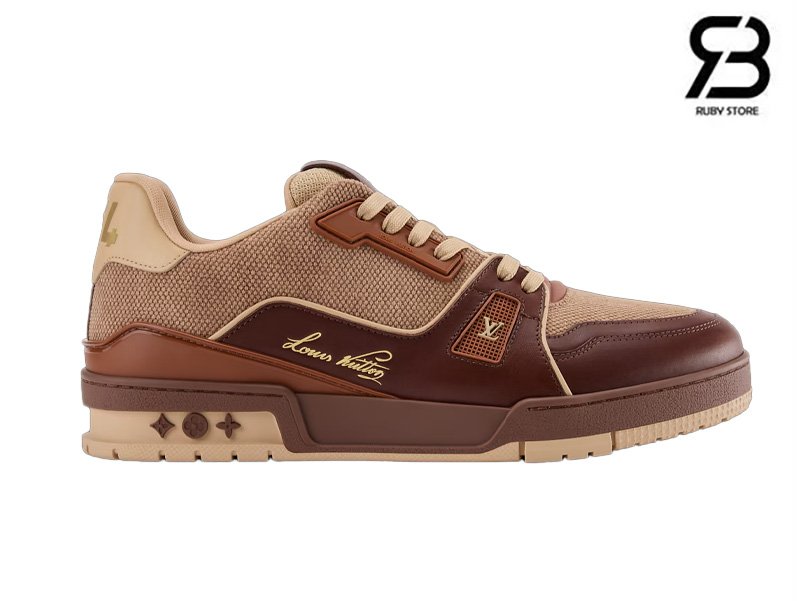 Giày LV Trainer Sneaker Brown Textile Plain Calf Leather chất lượng tốt
