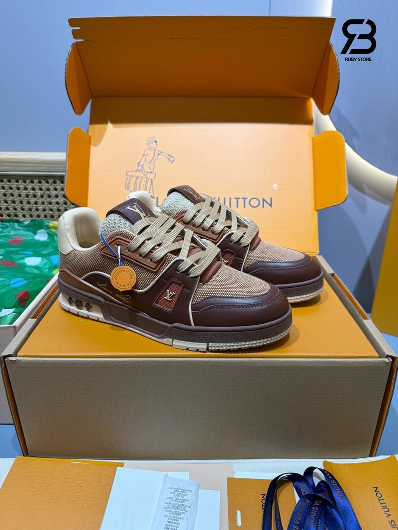 Giày LV Trainer Sneaker Brown Textile Plain Calf Leather chất lượng cao