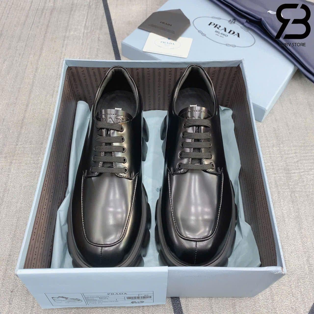 Giày Prada Monolith Brush Leather Lace Up Shoes Black chi tiết góc nghiêng